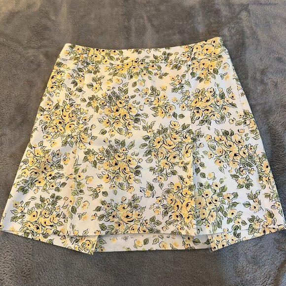 Ann Taylor Loft Retro Mod Yellow Floral Mini Skirt Women's 10 Petite 10P Pleated - Picture 1 of 6